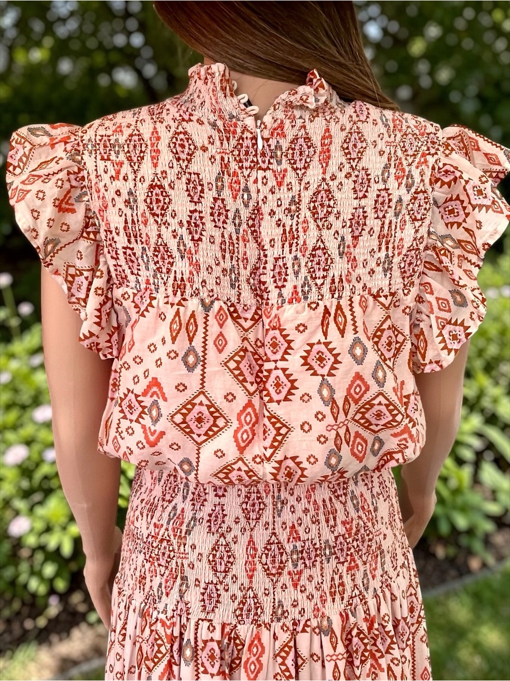 AQUA Boho Smocked Cotton Maxi Dress XL Pink Geometric Flutter Sleeve - Picture 3 of 10